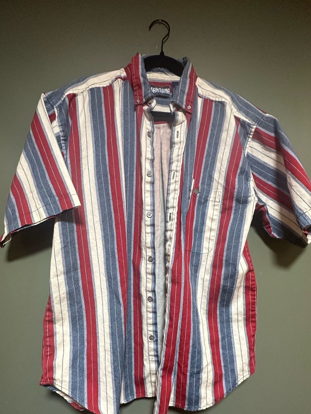 VTG 90s Blue Santana Striped Short Sleeve Button Down Shirt Men's Large